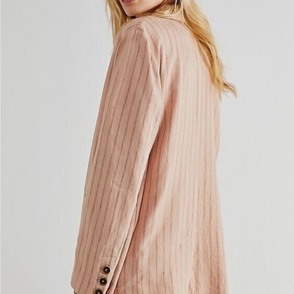 NEW Free People Vida LINEN Oversized Blazer Jacket In Pink Rose Pinstripe Size S - Picture 2 of 13